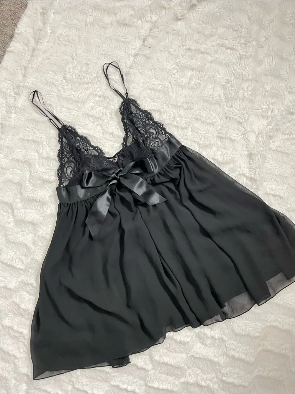 Victorias Secret M Black Lace Babydoll Slip Dress Coquette Bow Sheer Nightgown